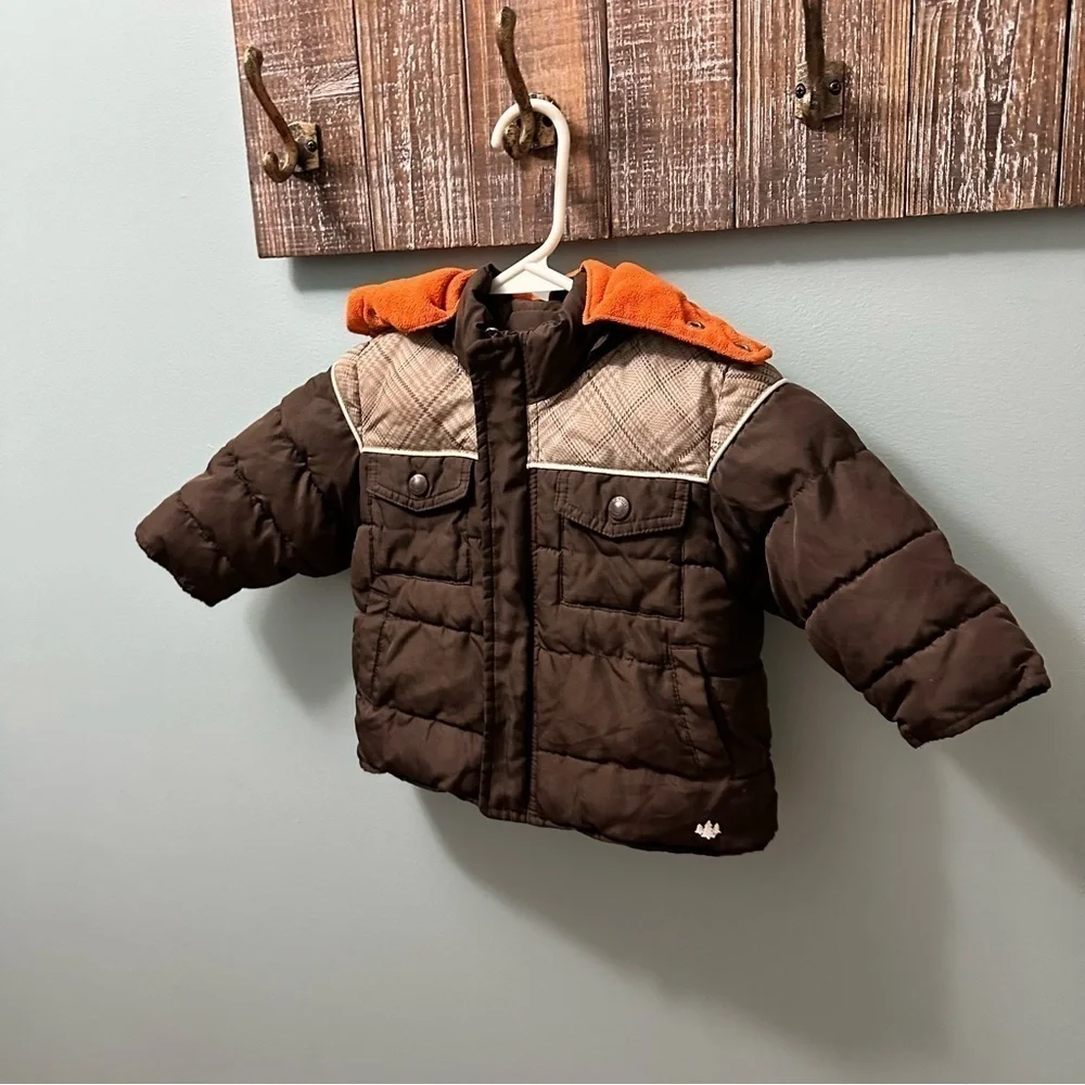 Old Navy brown/orange  puffer jacket 6-12 months fleece hooded
